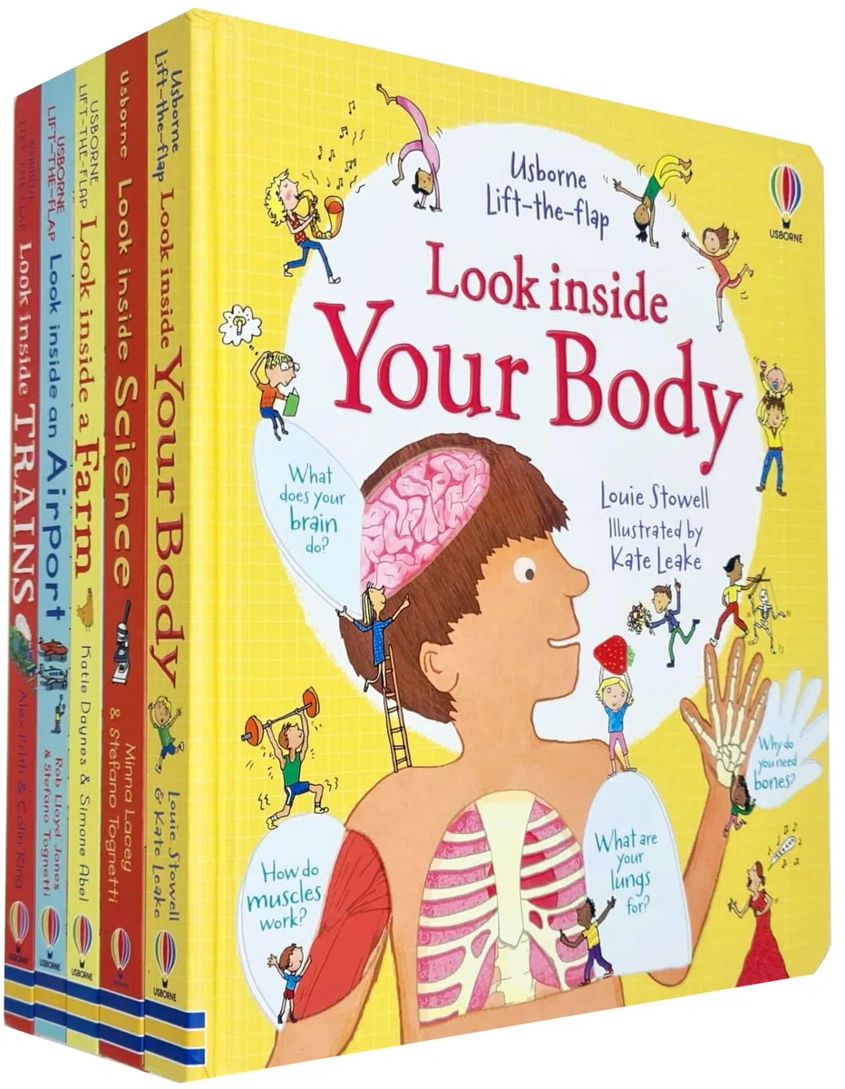 Usborne Lift the Flap Look Inside 5 Books Collection Set(Your Body, Science, Farm, Airport & Trains)