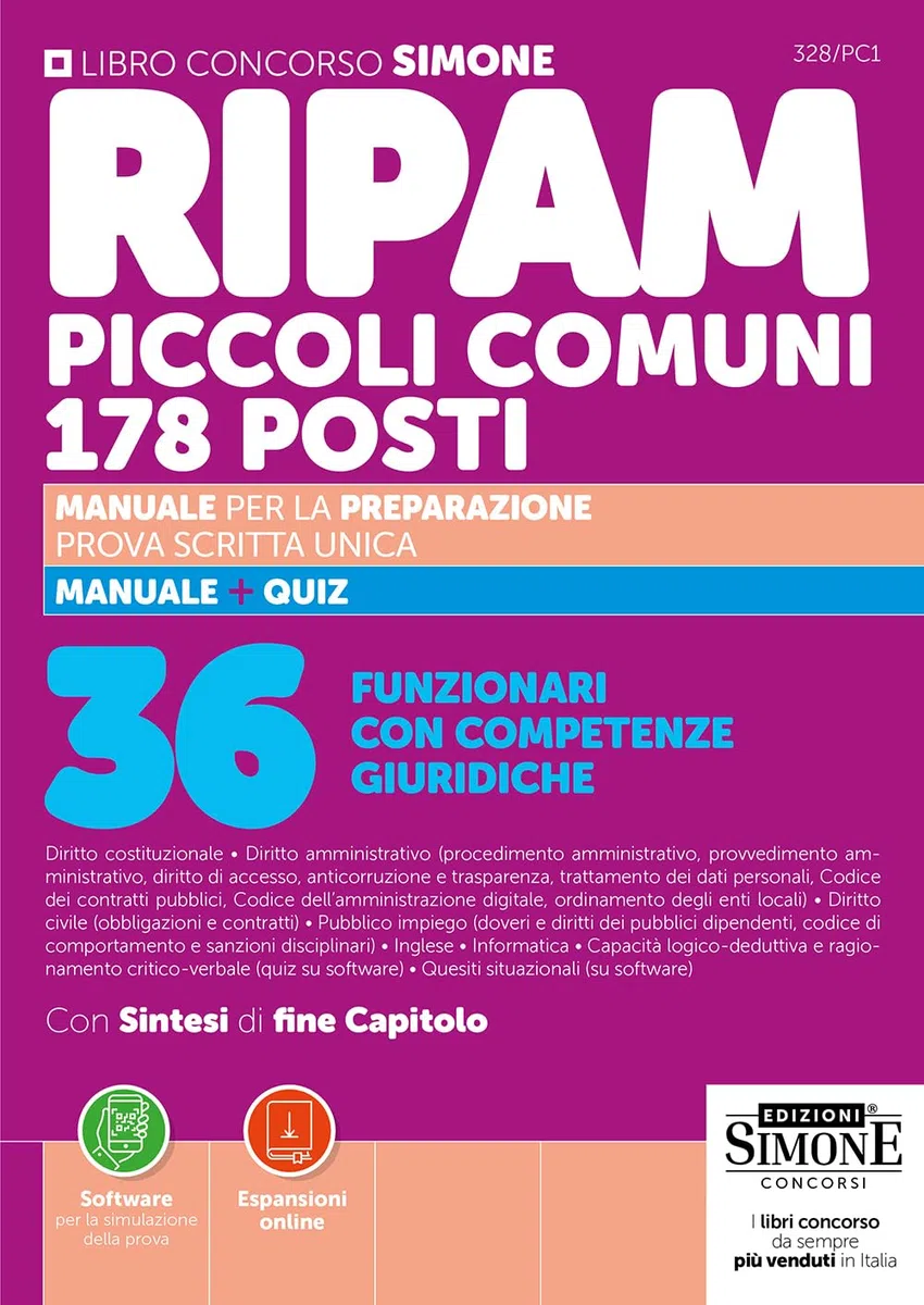 RIPAM Piccoli Comuni 178 posti - Manuale per la Preparazione prova scritta unica - Manuale + Quiz- 36 Funzionari con Competenze Giuridiche