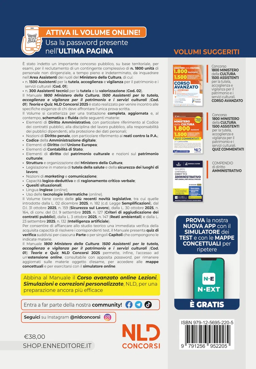 Concorso Ministero della Cultura 1800 posti - profilo 1.500 assistenti per la tutela, accoglienza e vigilanza per il patrimonio e i servizi culturali (Cod. 01). Manuale di Teoria e quiz