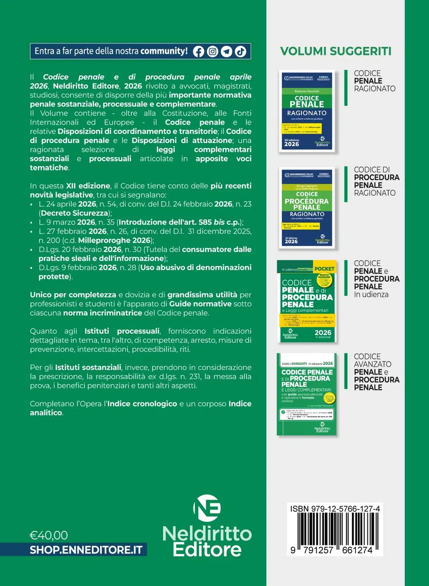 Codice Penale e di Procedura Penale Plus Aprile 2026 (II edizione) aggiornato alla L. 24 aprile 2026, n. 54 (DL. Sicurezza)