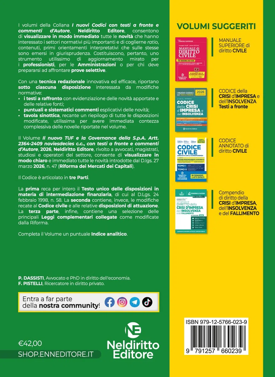 Il nuovo codice TUF e la Governance nella S.p.A. 2026 con testi a fronte e commenti d'autore