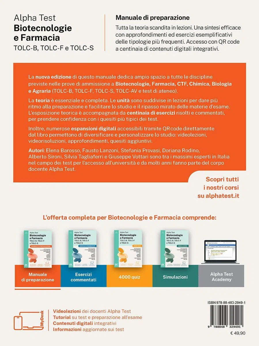 Alpha Test. Biotecnologie e Farmacia TOLC-B, TOLC-F e TOLC-S 2026-2027. Manuale di preparazione. Per test di ammissione universitari, anche per TOLC-AV. Con piattaforma digitale