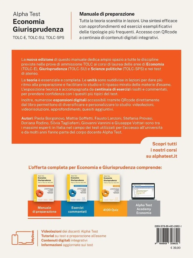 Alpha Test. Economia Giurisprudenza TOLC-E, TOLC-SU, TOLC-SPS 2026-2027. Manuale di preparazione. Per test di ammissione universitari. Con piattaforma digitale