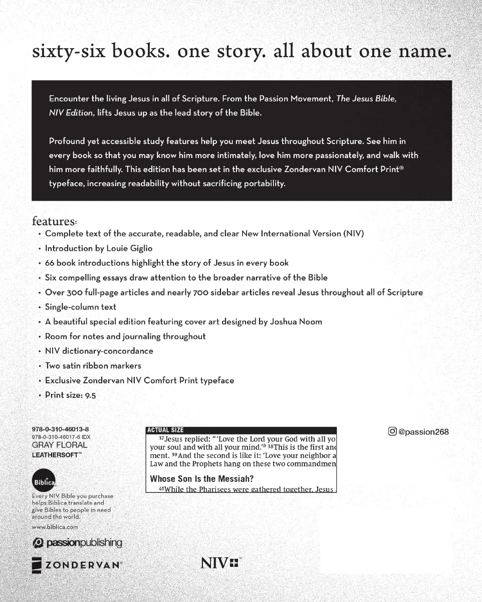 The Jesus Bible: New International Version, Leathersoft, Gray Floral, Artist Edition
