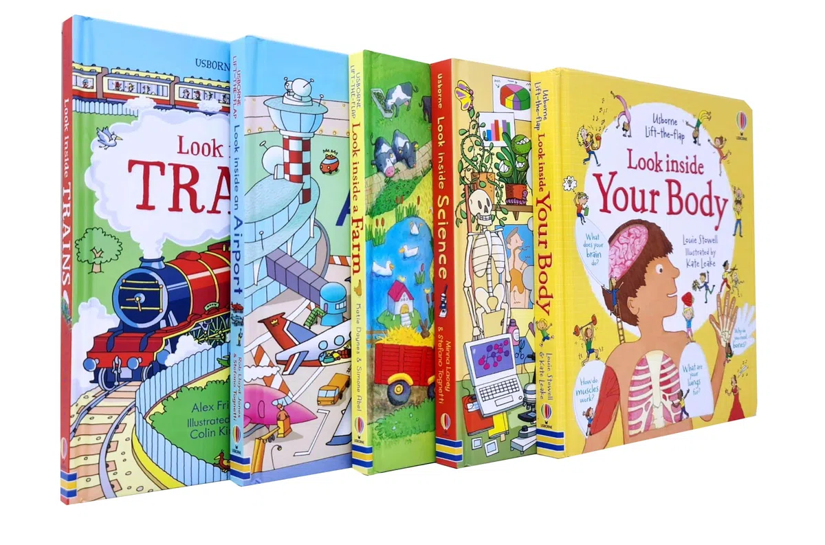 Usborne Lift the Flap Look Inside 5 Books Collection Set(Your Body, Science, Farm, Airport & Trains)
